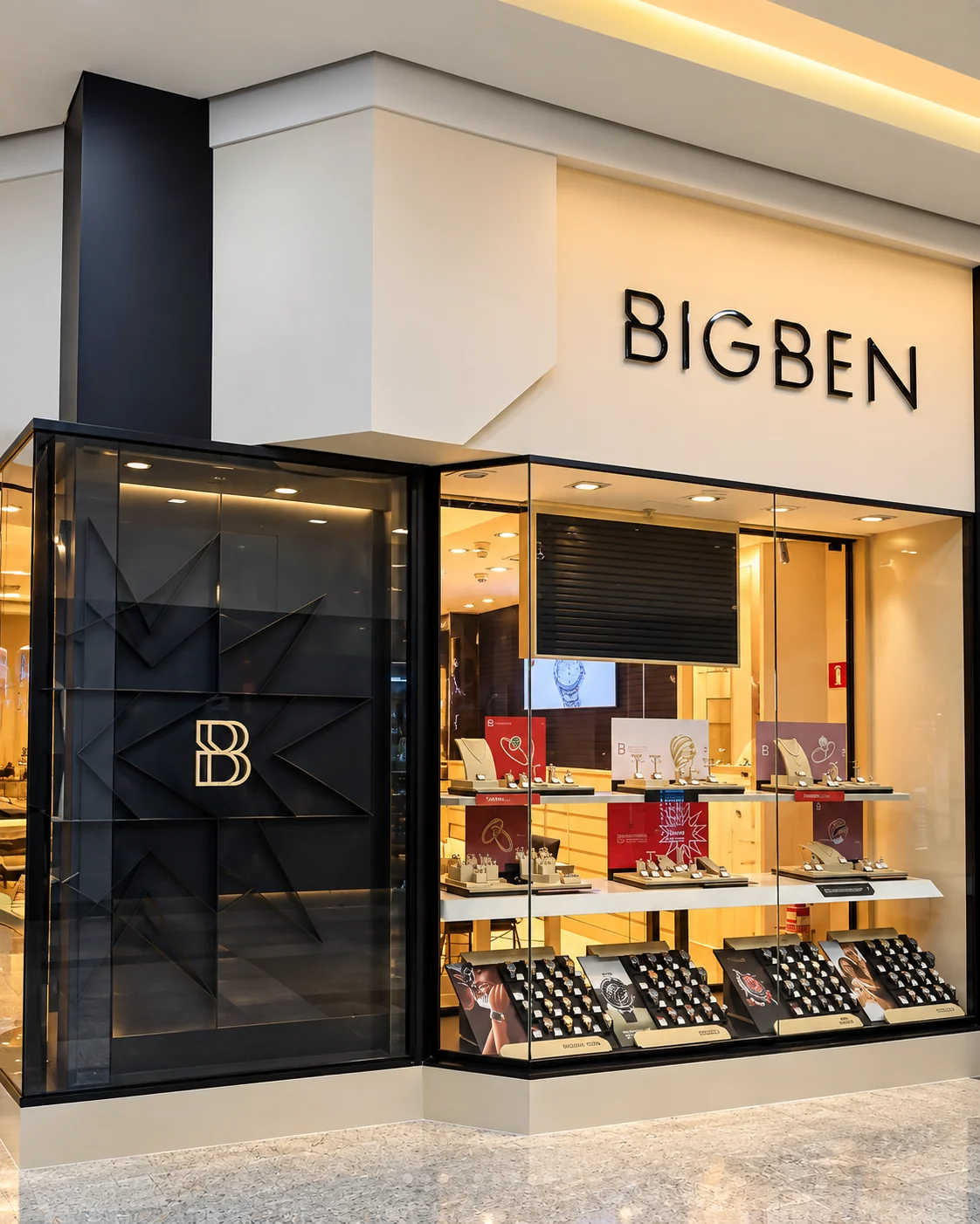 Fachada da BigBen com vitrine de relógios e joias