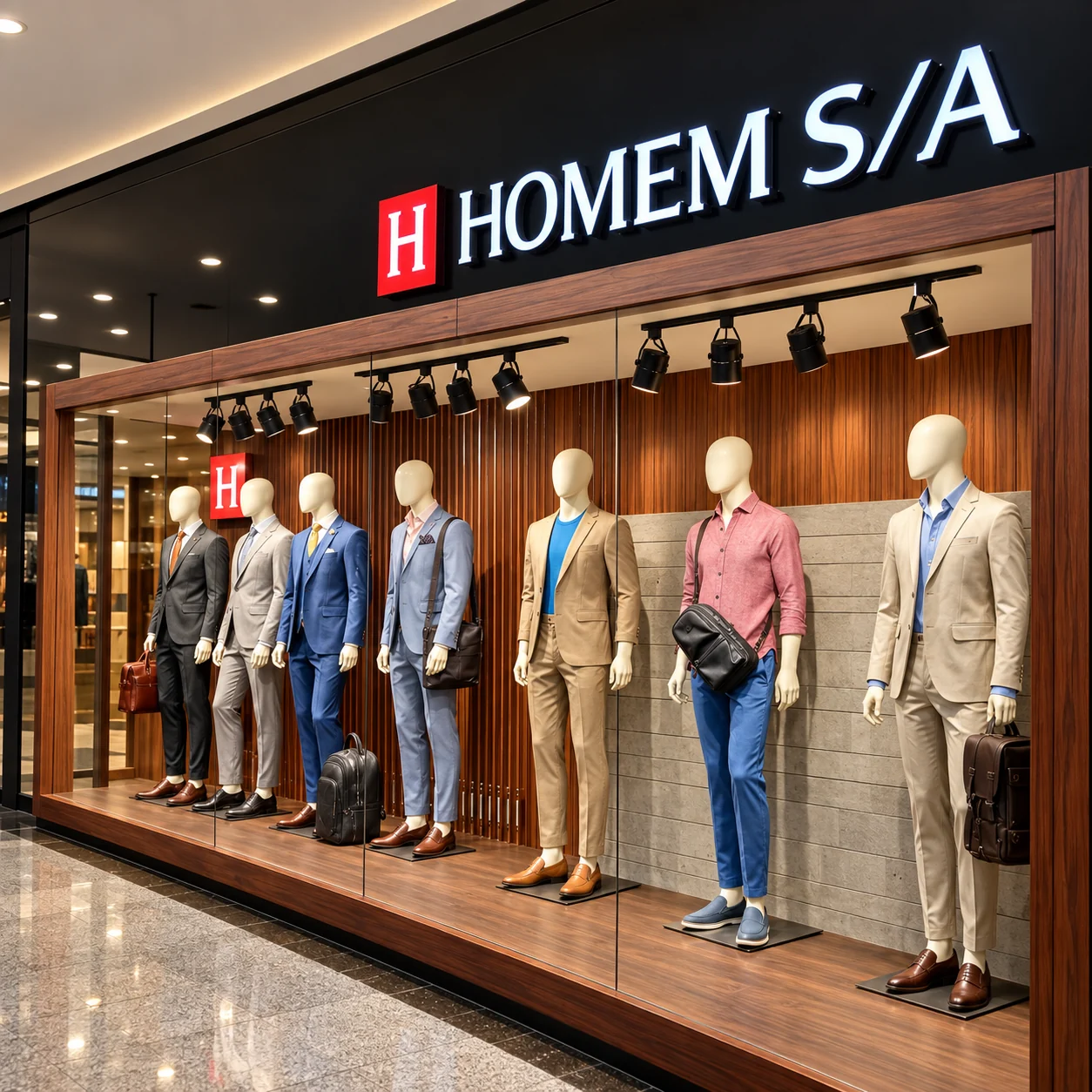 Vitrine Homem S/A com manequins e painéis de madeira