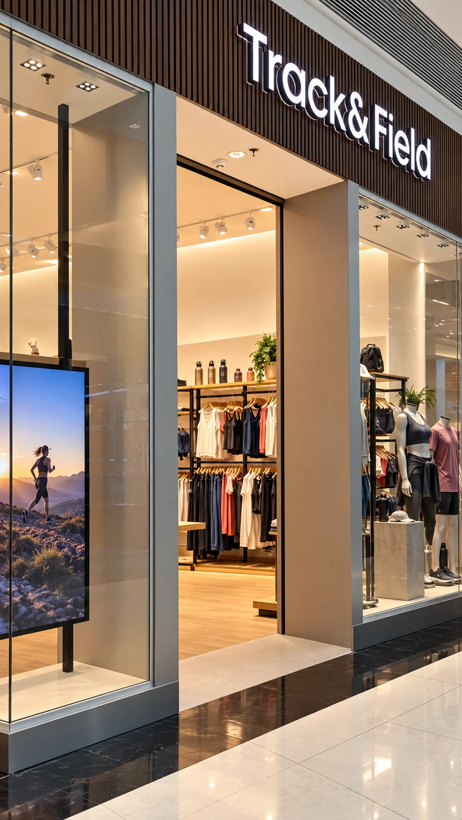 Fachada Track&Field com painéis verticais em madeira e vitrine de roupas esportivas