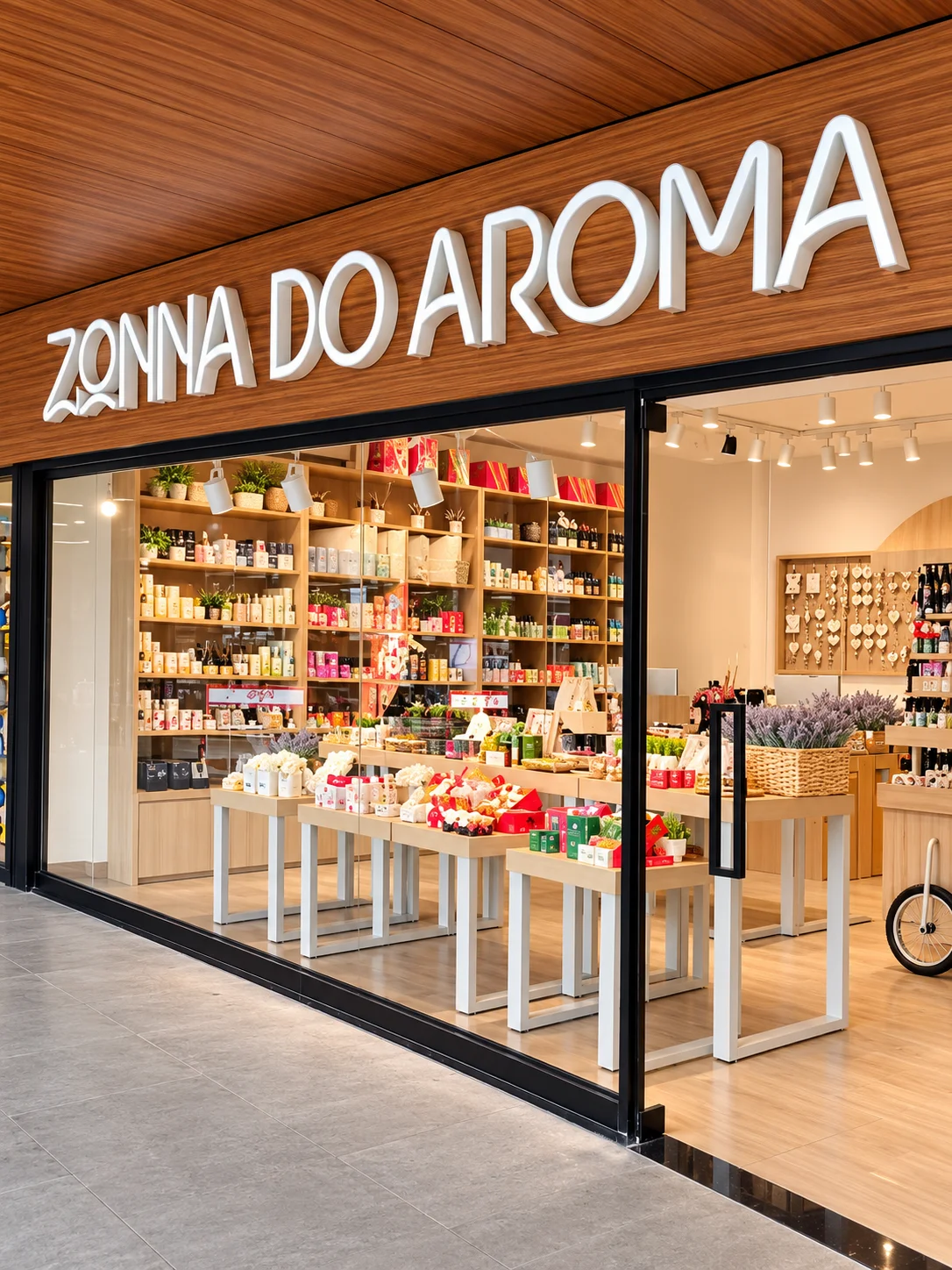 Fachada Zonna do Aroma com letreiro branco sobre madeira e loja iluminada